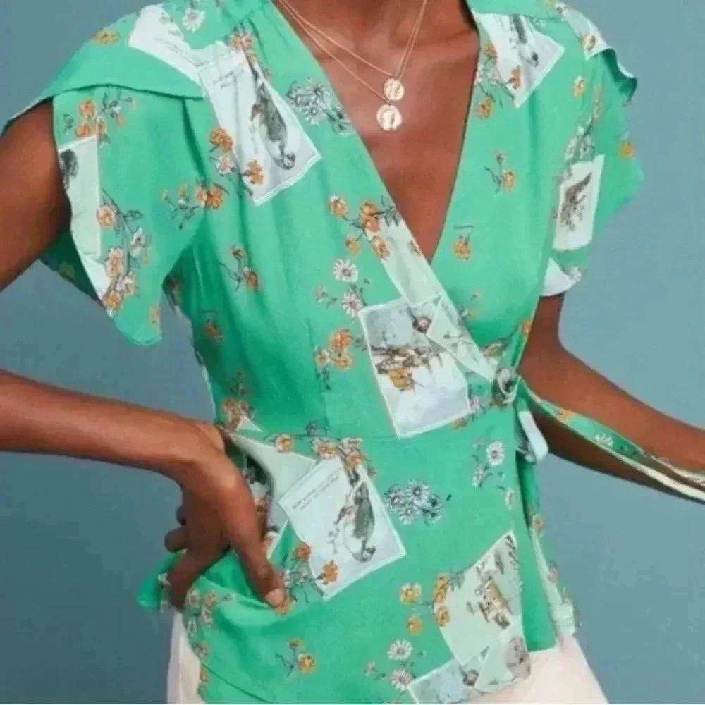 Anthropologie Meadow Rue Bon Voyage Tulip Flutter Sleeves‎ Green Women Top Sz 4